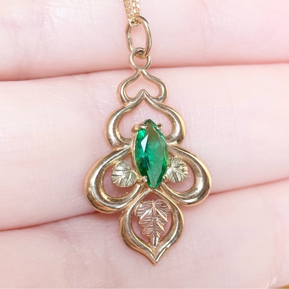 Vintage 10K black hills gold green Helenite marquis tricolor solid gold … - Picture 1 of 8